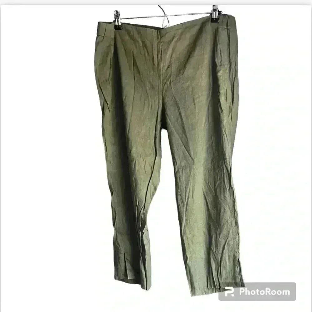 J. JILL Womens L Linen Blend Stretch Pull On Elastic Waist Green Crop Work Pants